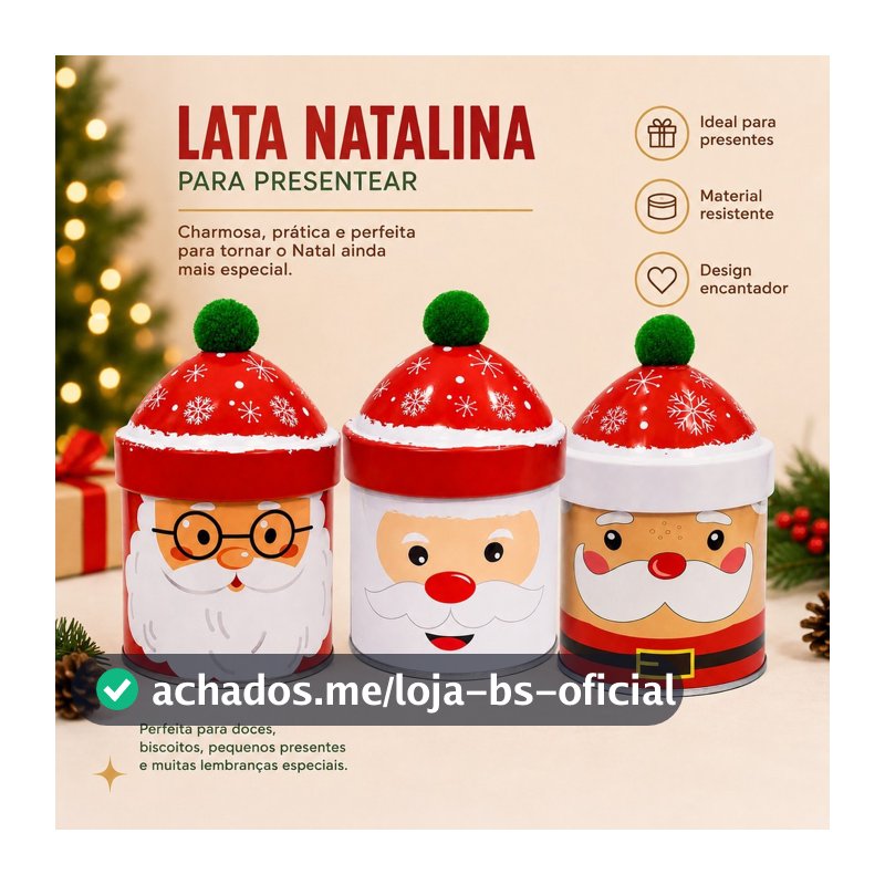 Lata De Natal Decorativa Redonda Com Tampa Pompom Papai Noel