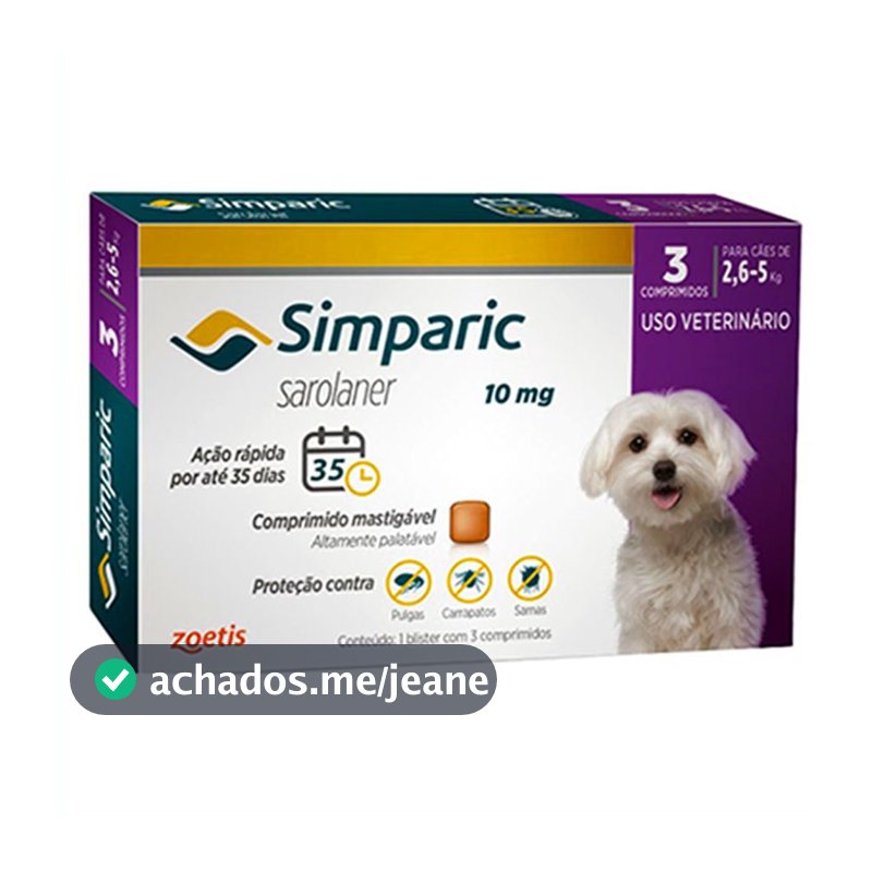 Simparic Antipulgas E Carrapatos Caes 2,6 A 5kg c/3 Comprimidos