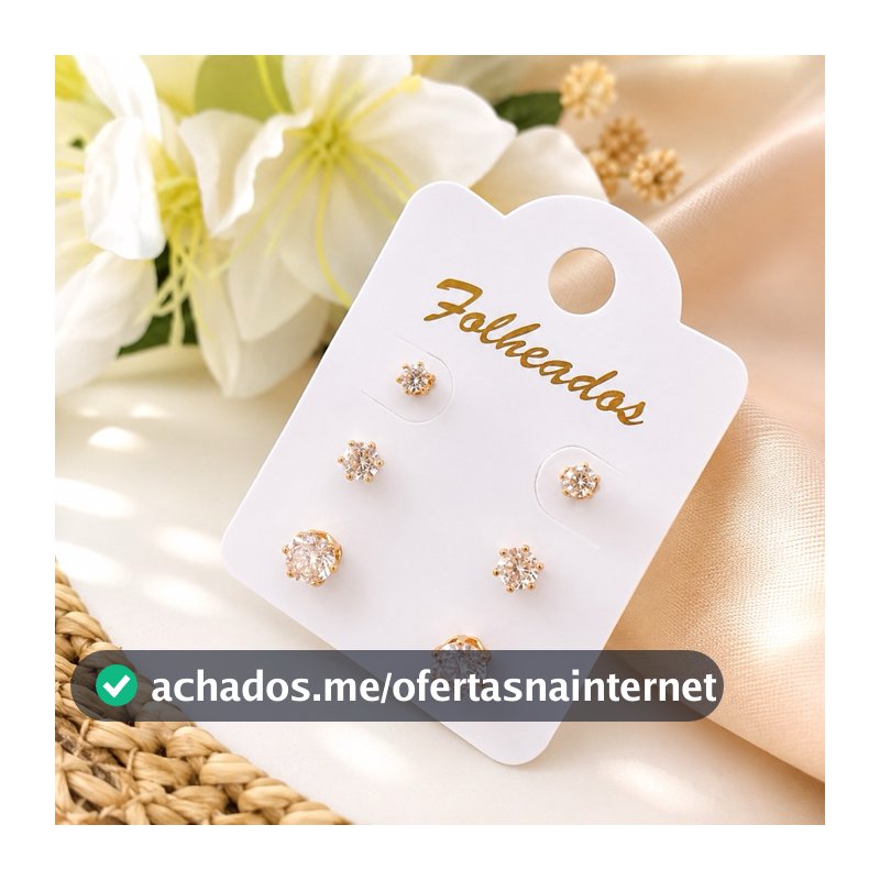 Brinco trio ponto de luz zircônia banhado em ouro 18k -Hipoalergenicos
