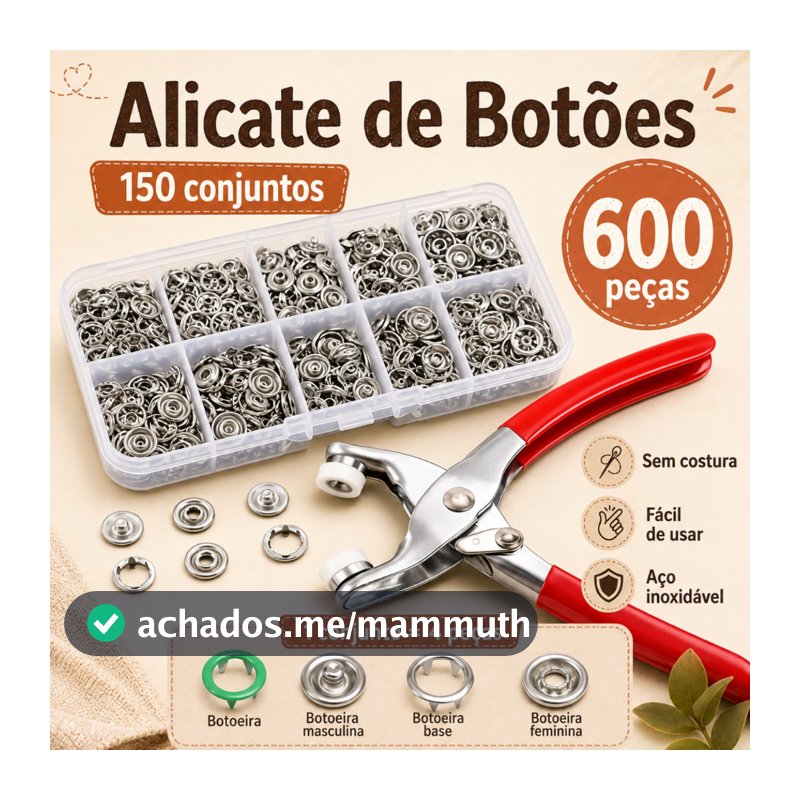 kit de Alicate Aplicador Para Botao De Metal De Pressao Roupa Bebe C/ 150 botões de roupas