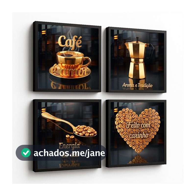 Kit Quadros Decorativos 4 peças Cantinho do Café Preto e Dourado Moderno 20x20 Energia