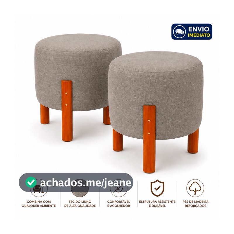 Kit 2 Puffs Redondos Decorativos com Pés de Madeira Linho Cinza para Sala e Quarto