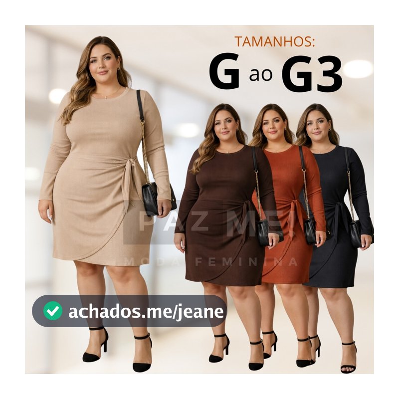 Vestido Manga Longa de Amarrar na Cintura Plus Size PAZME!