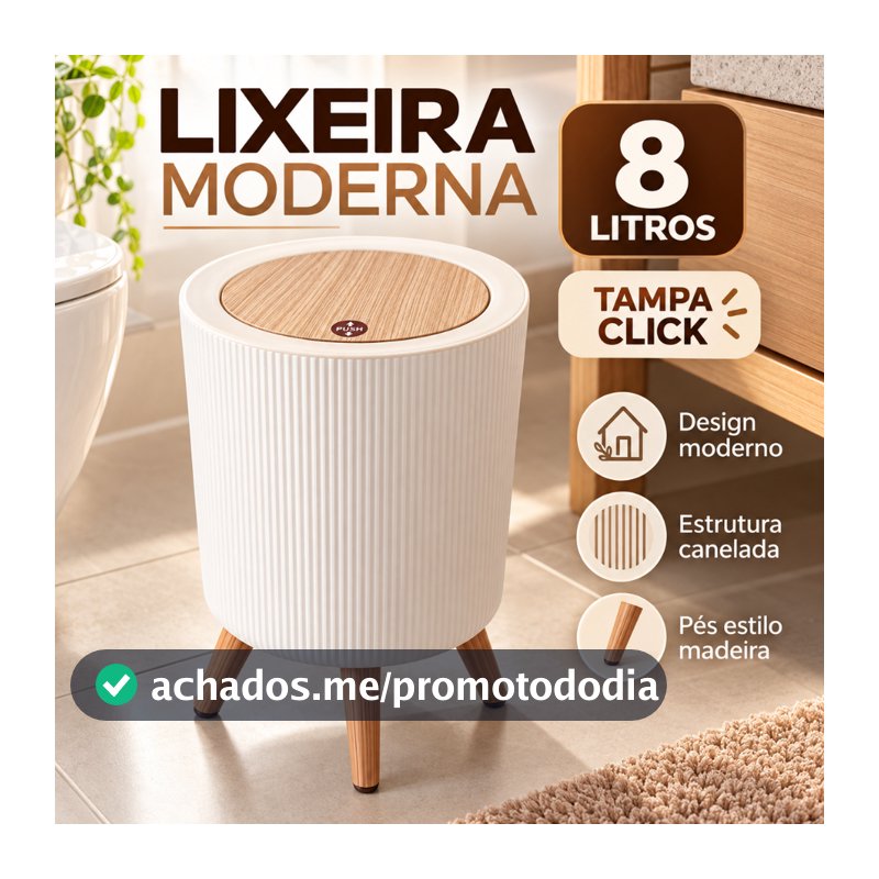 Lixeira 8 Litros Tampa Click Pé de Madeira Canelada Retrô para Banheiro Lavabo Quarto Escritório