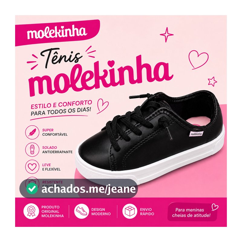 Tênis Molekinha Juvenil Feminino Casual Preto Confortável Antiderrapante