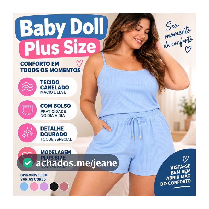 Baby Doll Plus Size C/ Bolso Canelado Aconchegante Short Doll Roupa de Dormir Elegante