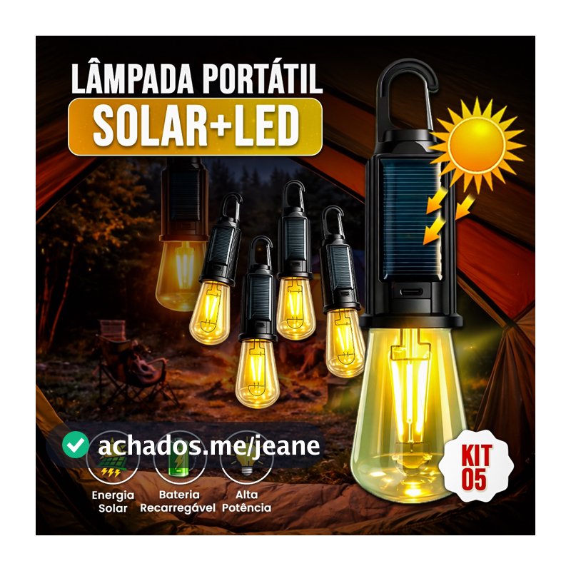 Lâmpada Solar LED Portátil Recarregável KIT 5 ou KIT 10 USB-C 3 Modo De Branco Quente Resistente