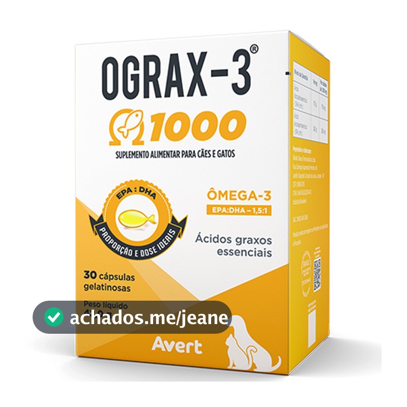 Ograx 3 1000mg Avert 30 Cápsulas Ômega 3 para Cachorro Gato