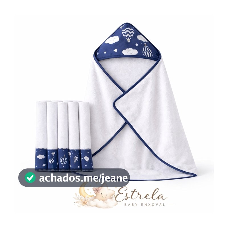 Kit Toalha de Banho Sem Forro para Bebê com Capuz Forrado + 5 Toalhinhas Higiênicas Atoalhado