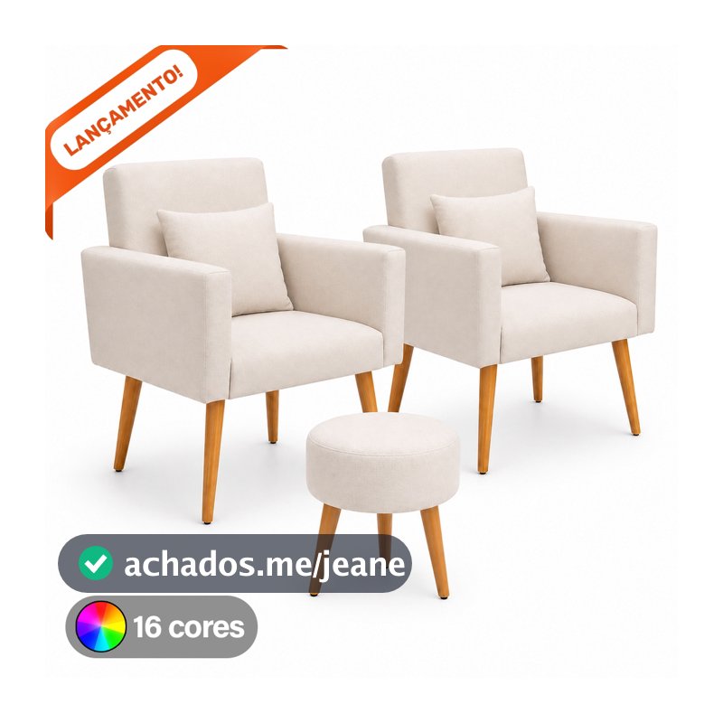 Kit 02 Poltronas para Sala Decorativa Nina com Almofada e Puff Redondo Pés Palito Suede Aninha Decor
