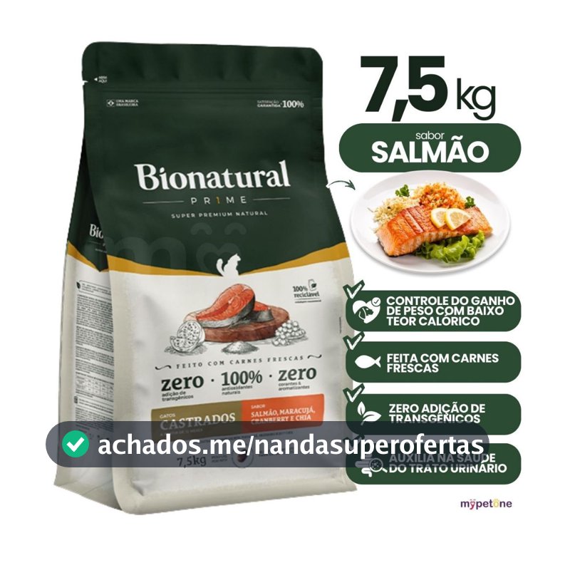 Ração Seca Bionatural Prime Salmão Gatos Castrados 7,5kg