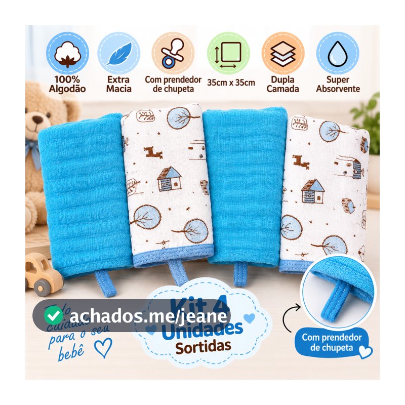 Kit 4 Toalha Paninho Pano Boca Bebe Soft 100% Algodão Sortido Menino Menina Com Prendedor de chupeta