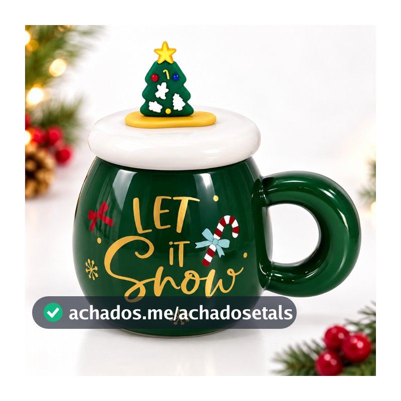 Caneca de Natal Cerâmica com Tampa e Canudo 400ml Árvore Natalina Verde Presente Chocolate Quente