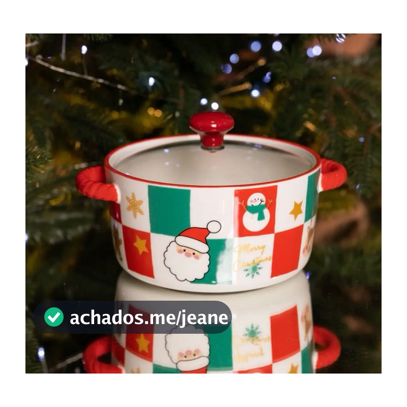 PANELA DE NATAL CERÂMICA 850ML C/ TAMPA DE VIDRO MESA POSTA DECORAÇÃO NATALINA