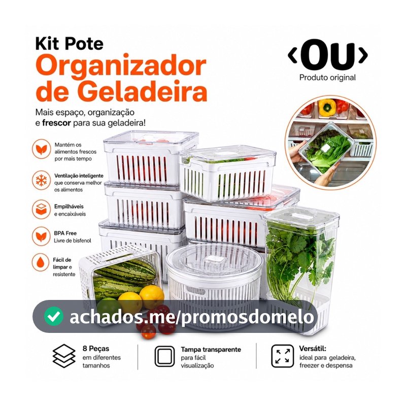 Kit Pote Organizador de Geladeira Com Escorredor Cesto Tampa Multiuso Alimentos Verdura Vegetais OU