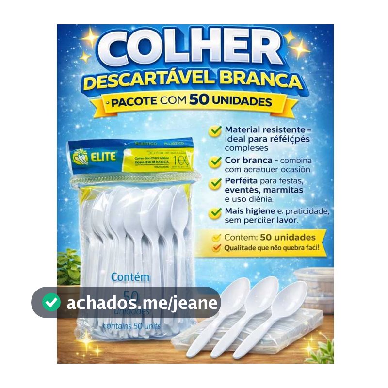 Colher Descartável Branca Reforçada Pacote Colheres 50UN Descartáveis para Festas e Eventos