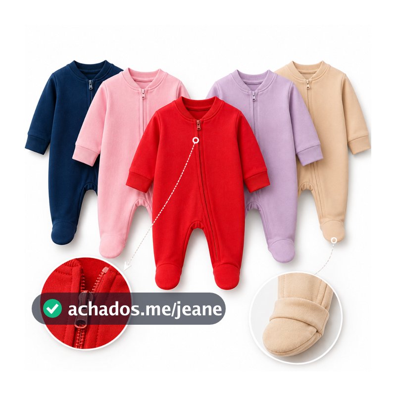 Kit 5 Macacão Bebê P M G Algodão Zíper Vira Pé Inverno Menino Menina Macacões