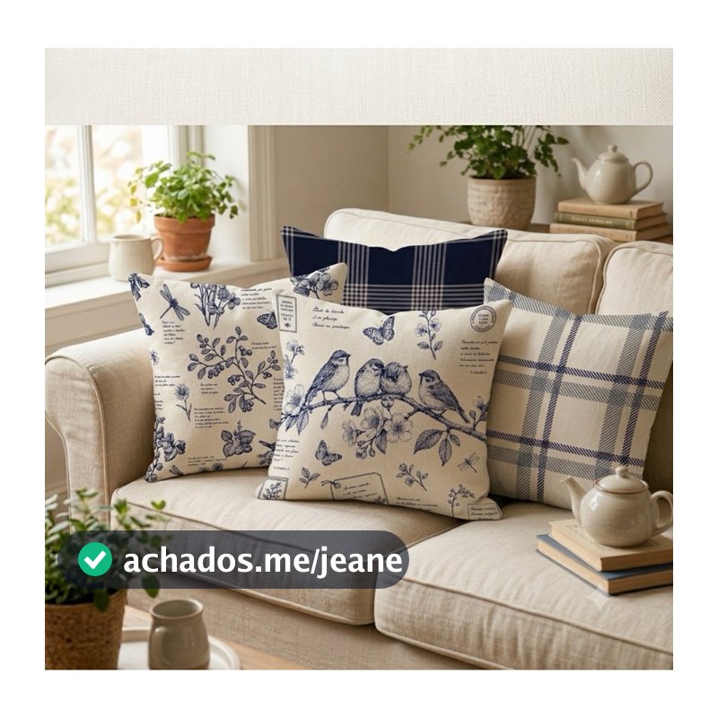 Capas De Almofada Linho Premium 43x43 Decoração Sala Sofá Azul E Branco Flor Com Zíper estilo Cottage