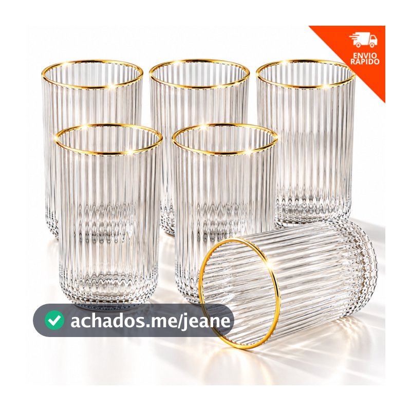 Jogo 6 Copos Versalhes 420ml Vidro Canelado com Borda Dourada para Drinks Suco Água e Refrigerante