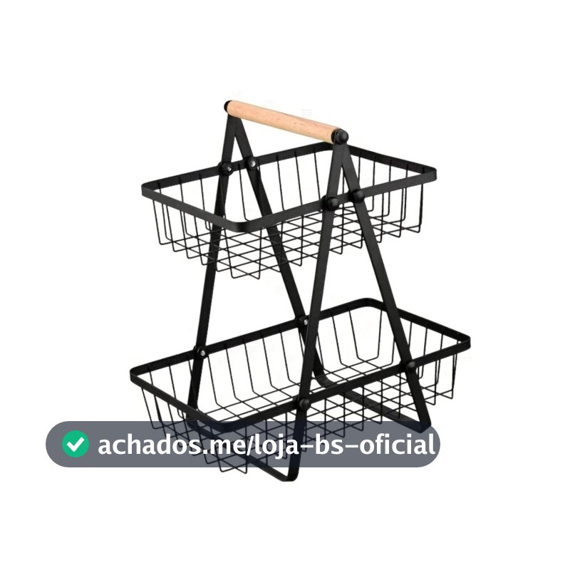 Fruteira Cesto Organizador 2 Andares Preto Metal Aramado Alça Madeira Cozinha Mesa
