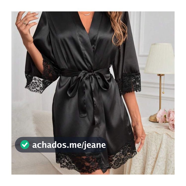 Robe Cetim Preto com Renda Sensual