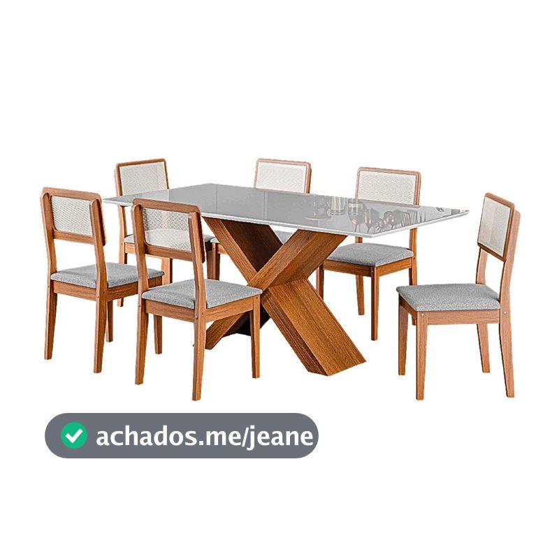 Conjunto de Mesa Sala de Jantar Tampo com Vidro 1,80m Grécia 6 Cadeiras Santiago Dobuê