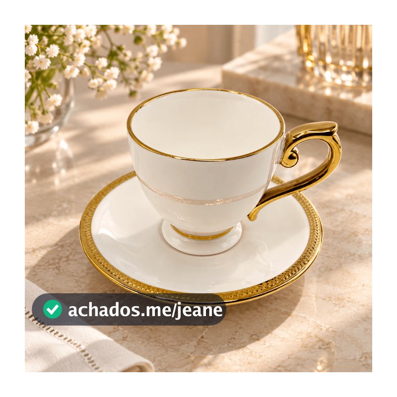 Conjunto 2 Xícaras de Café ou Chá de porcelana com pires branco com borda dourada 90ml Paddy