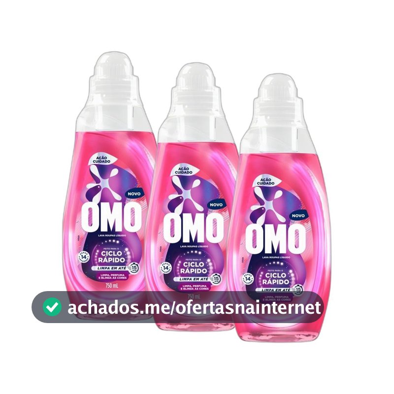 Kit 3 Lava-Roupas Líquido Omo Ciclo Rápido Ação Cuidado Frasco 750ml cada
