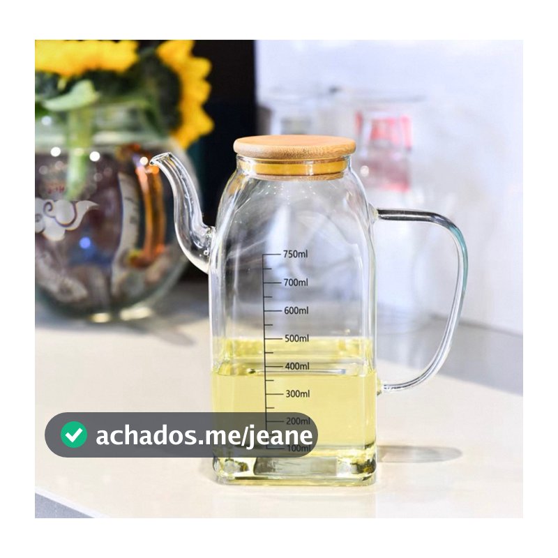 Galheteiro De Vidro 750ml Com Bico Para Azeite Vinagre Tampa De Bambu Quadrado
