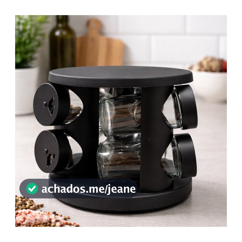Porta Temperos Giratório 360° com 6 Potes de Vidro Organizador de Temperos Cozinha Preto