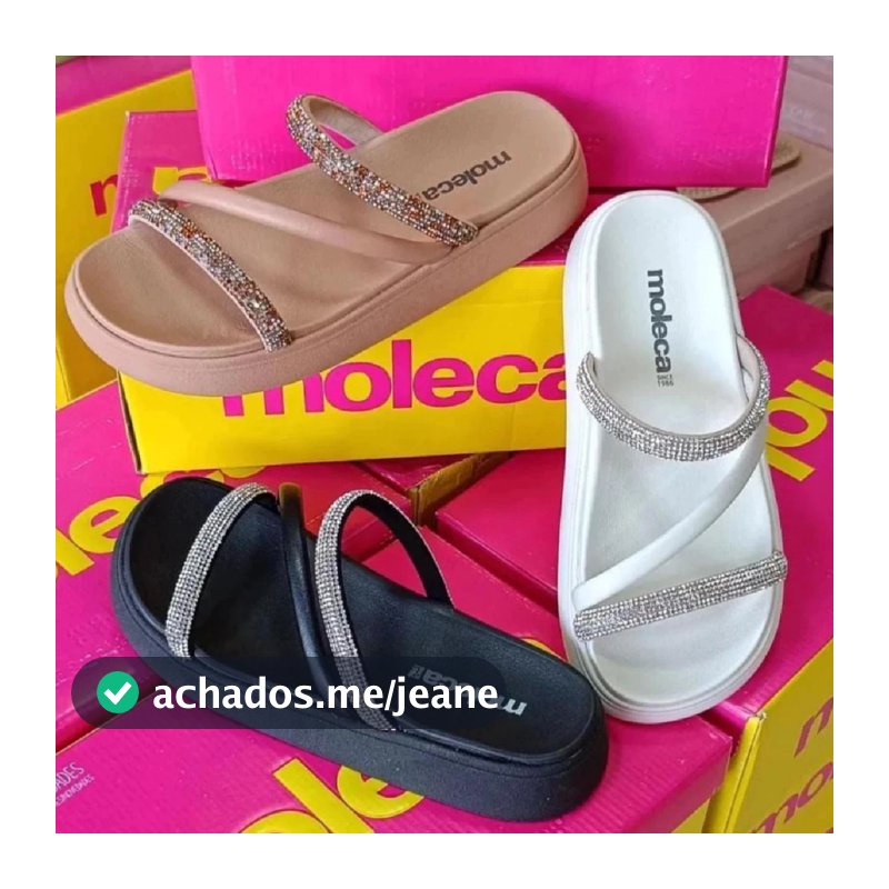Sandália Feminina Papete Moleca Brilho Pedrinhas Strass Tendência Original Rasteirinha Moda Verão