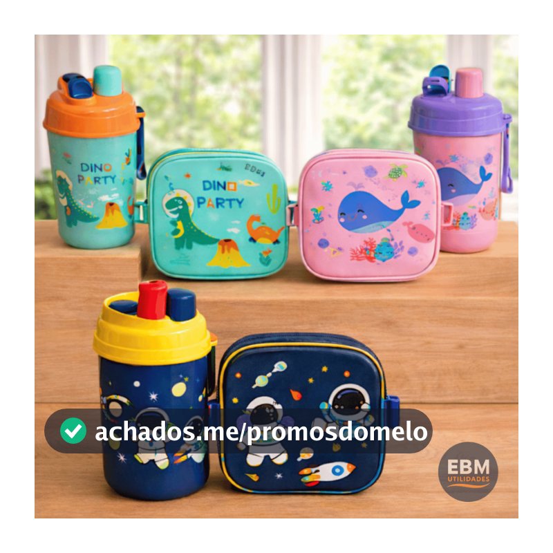 Kit Lancheira Marmita Infantil com Garrafa e Talheres Organização 4 Peças