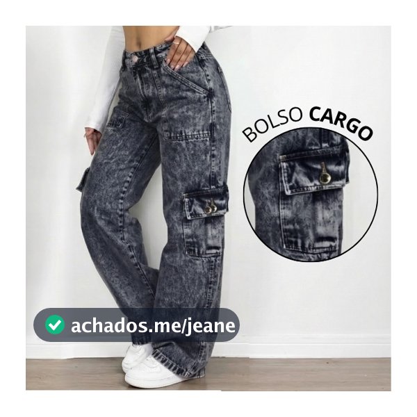 Calça Jeans Feminina Cargo Wide Leg Com Bolso Lateral Cintura Alta 100% Algodão Pantalona
