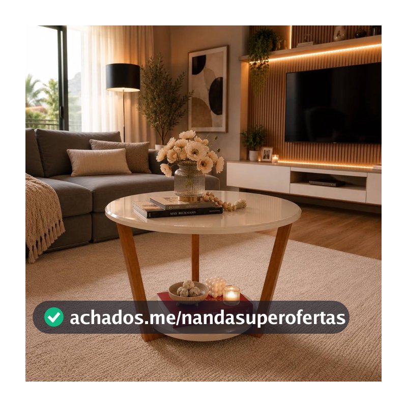 Mesa de Centro Pandora Plus Redonda Moderna com Prateleira Inferior Off White