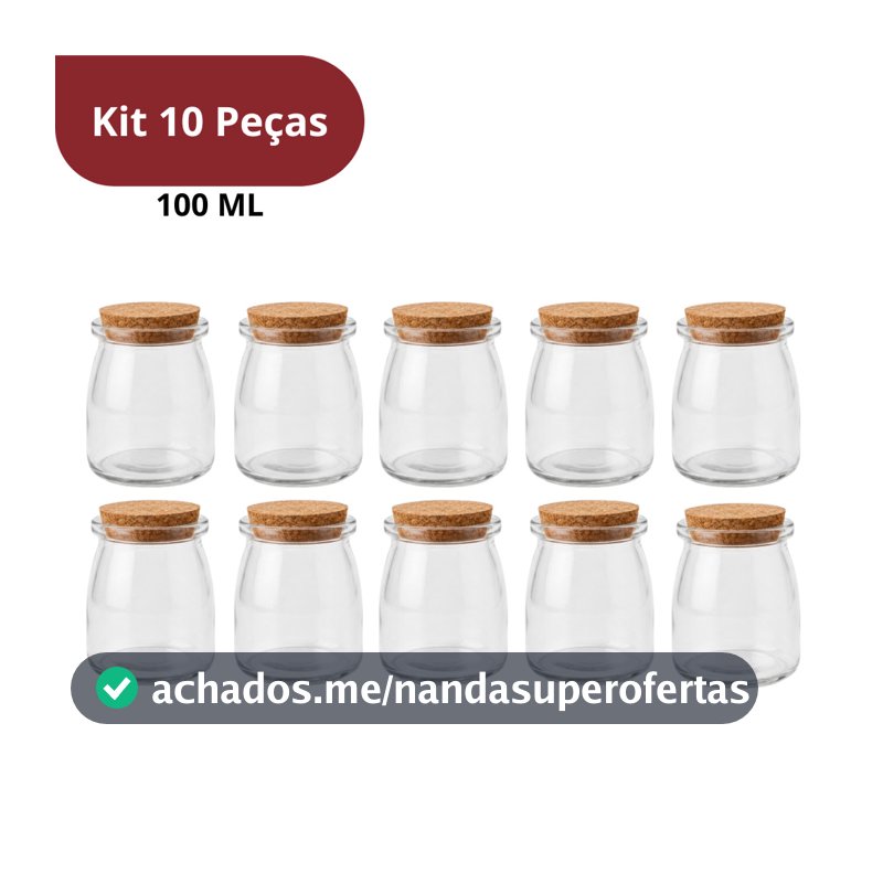 Kit 10 Potes de Vidro para Temperos 100ml com Tampa de Rolha Cortiça Organizador