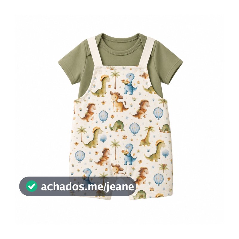 CONJUNTO JARDINEIRA DINO ESTAMPADA MANGA CURTA E MANGA LONGA BEBE INFANTIL