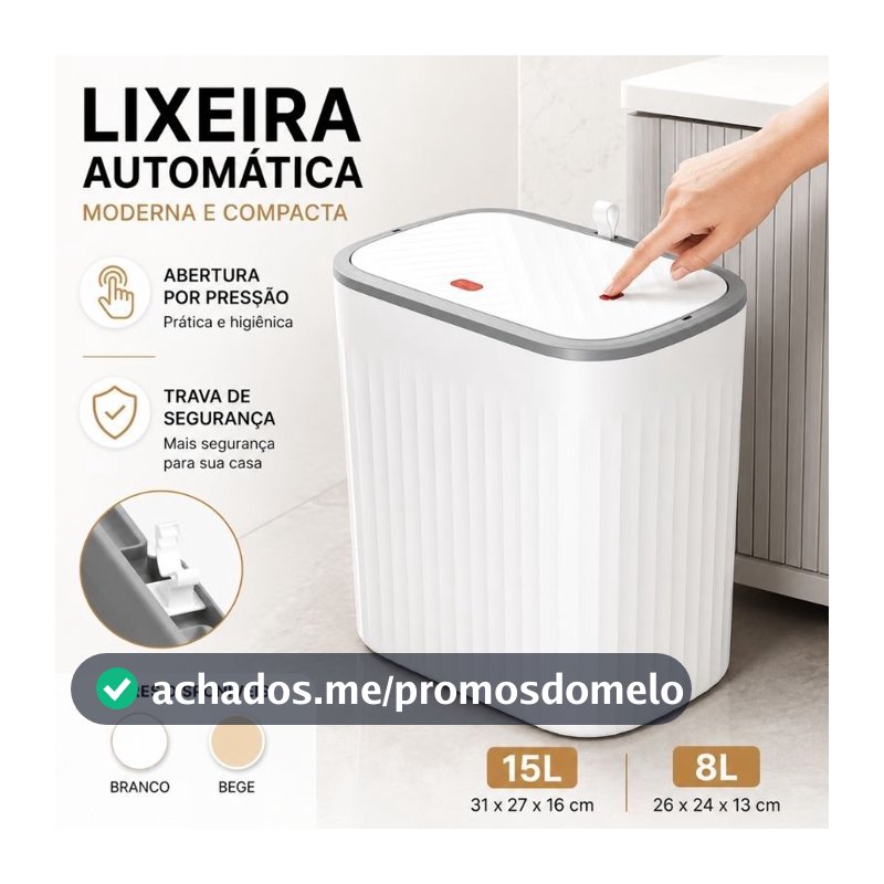 Lixeira Retrátil 15L 8L Tampa Click Antiodor Compacta para Banheiro Cozinha Quarto Branca Bege