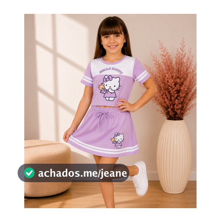 Conjunto Infantil Feminino Hello Kitty – Blusa Cropped e Short Saia