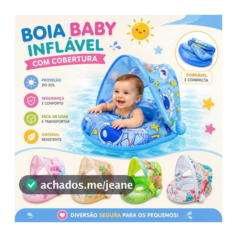 Boia com Cobertura Fralda Inflável Infantil Com Assento Bebe Brinquedo Piscina/Praia Guarda Sol. Pronta Entrega