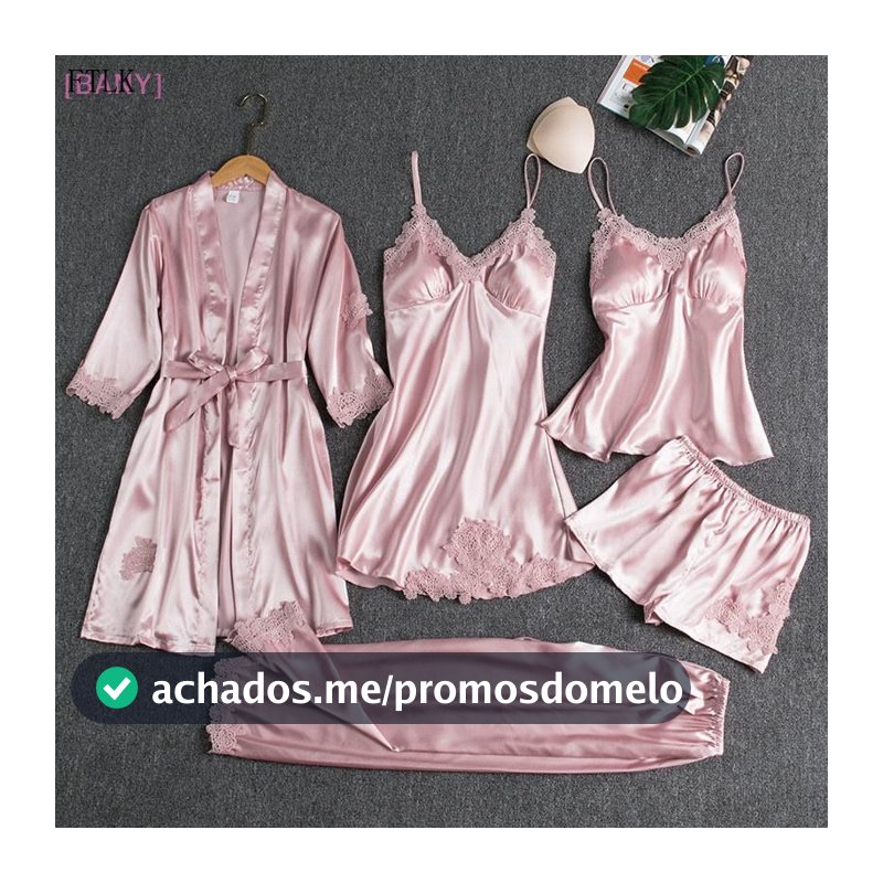 [BANY] Conjunto de Pijamas de Seda para Mulheres com 5 Peças, Vestido de Pijama com Decote em V e Camisola Us