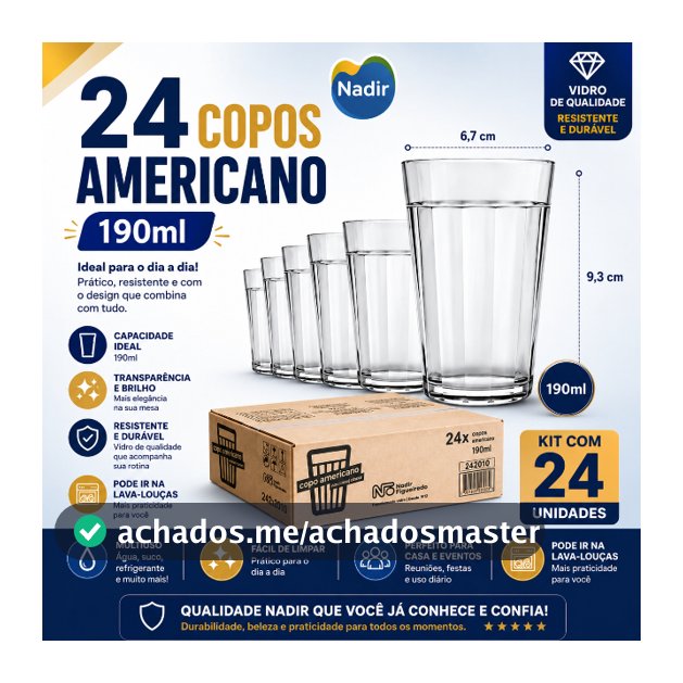 Kit 24/48 Copos Americanos de Vidro 190 ml Nadir Copo de Cerveja Café para Bar