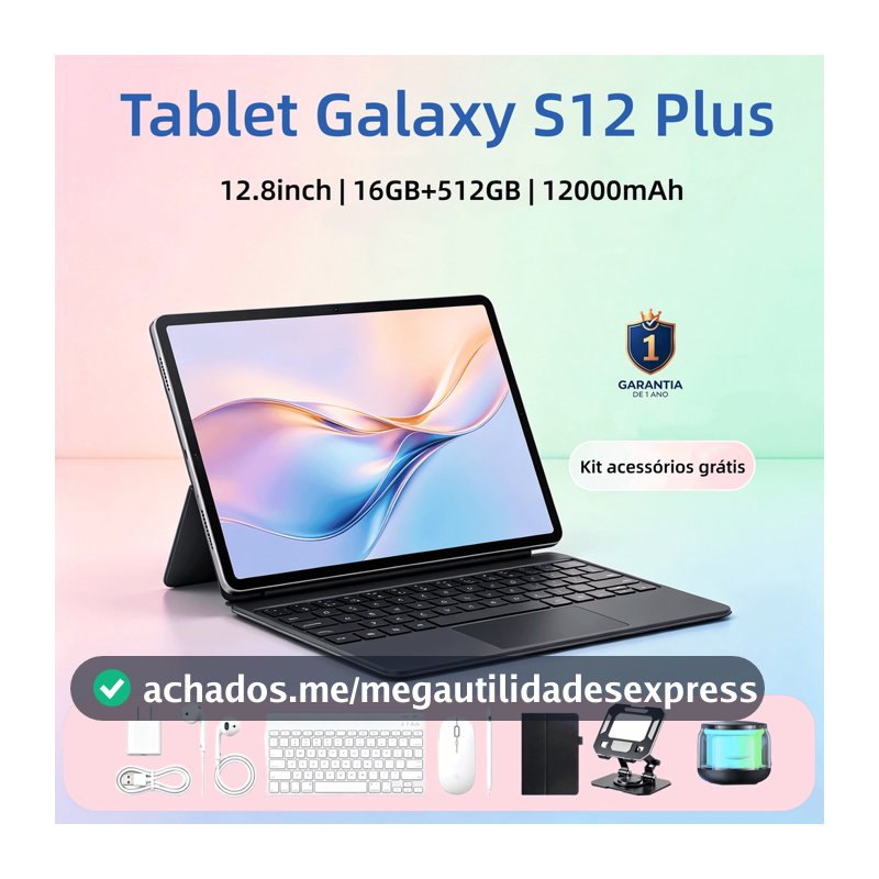 Tablet Galaxy S12 Plus 12,8 polegadas, 16 GB + 512 GB, bateria de 12.000 mAh, Android, 5G, Wi-Fi, teclado e mouse gratui