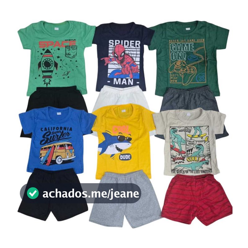 Kit Sortido 6 Peças Infantil Menino 3 Camisetas + 3 Bermudas Conjunto 1 ao 8 Verão