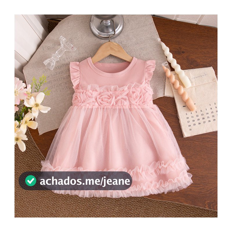 Vestido De Gaze Flor Rosa Para Menina Princesa Com Manga Morcego Aniversário Crianças