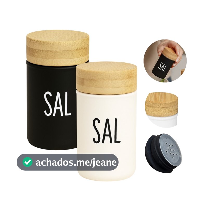 Saleiros de Mesa 90ml com Tampa de Bambu Cores Preto ou Branco Porta Sal de Vidro