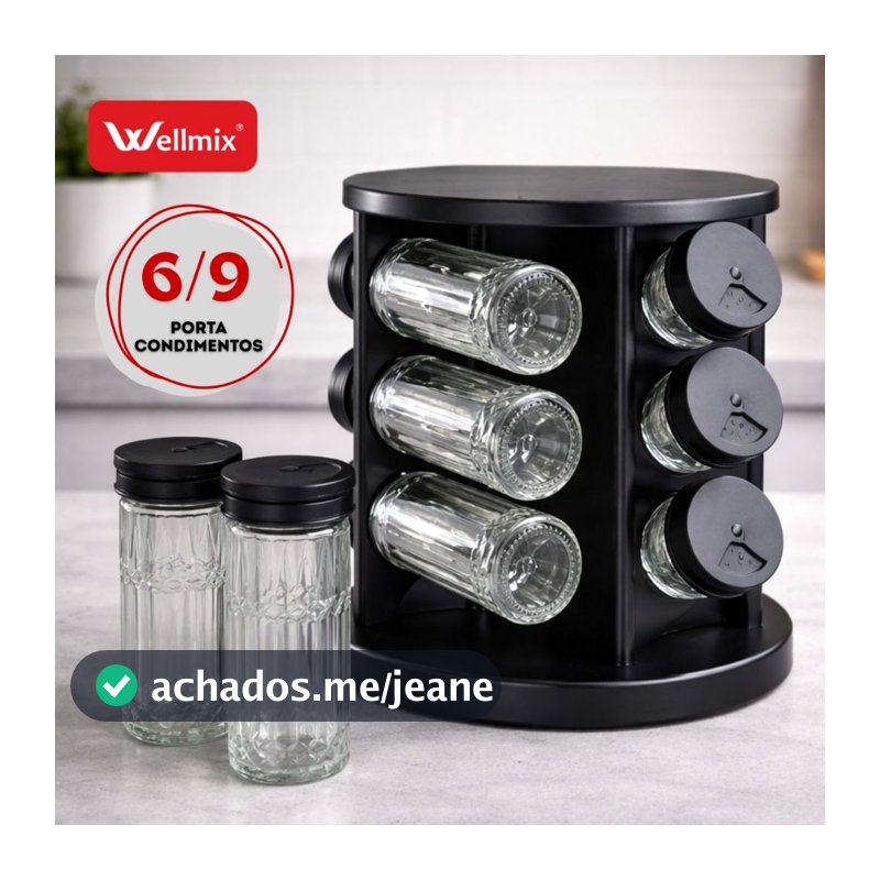 Porta Temperos Profissional Giratório 9 Potes Vidro Tampa Dosadora Condimentos