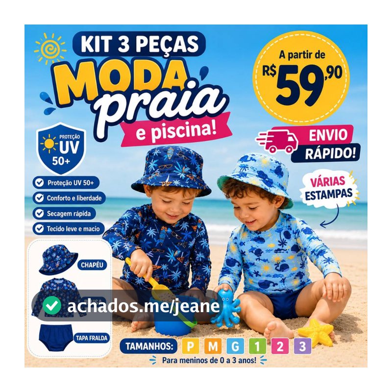 kit Bebê Blusa com Proteção Solar UV50 +Tapa Fralda( Sunga ) e Chapéu- Moda Praia e Piscina MeninosM ao 3