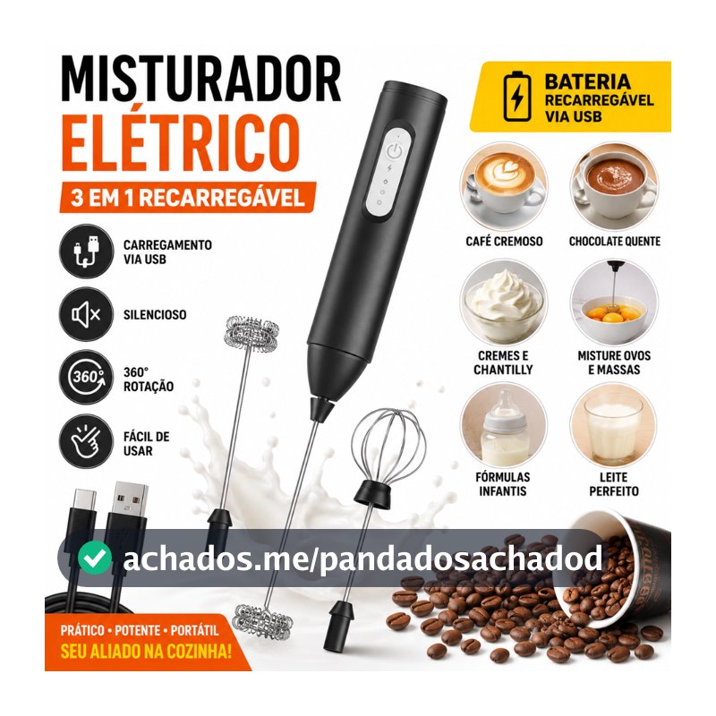 Misturador Elétrico Recarregável USB 3 Velocidades Espumador de Leite Batedor de Ovos Mini Mixer Portátil