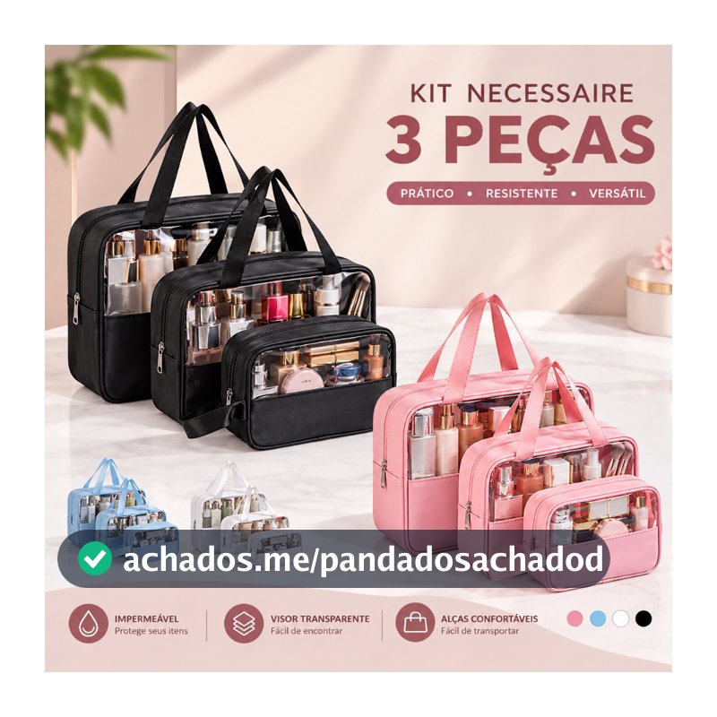 Kit 3 Necessaires Transparentes Grande Capacidade Para Cosméticos e Maquiagem Organizador de Viagem