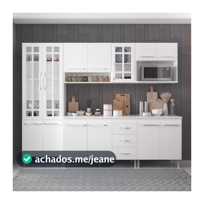 Cozinha Modulada Completa Fidelitá Viena 5 Peças 260cm 13 Portas 3 Gavetas Com Tampo Branco